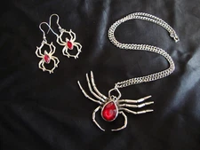 Vtg Black Widow Spider Necklace Pendant Earring Set Red Rhinestone Pewter Signed