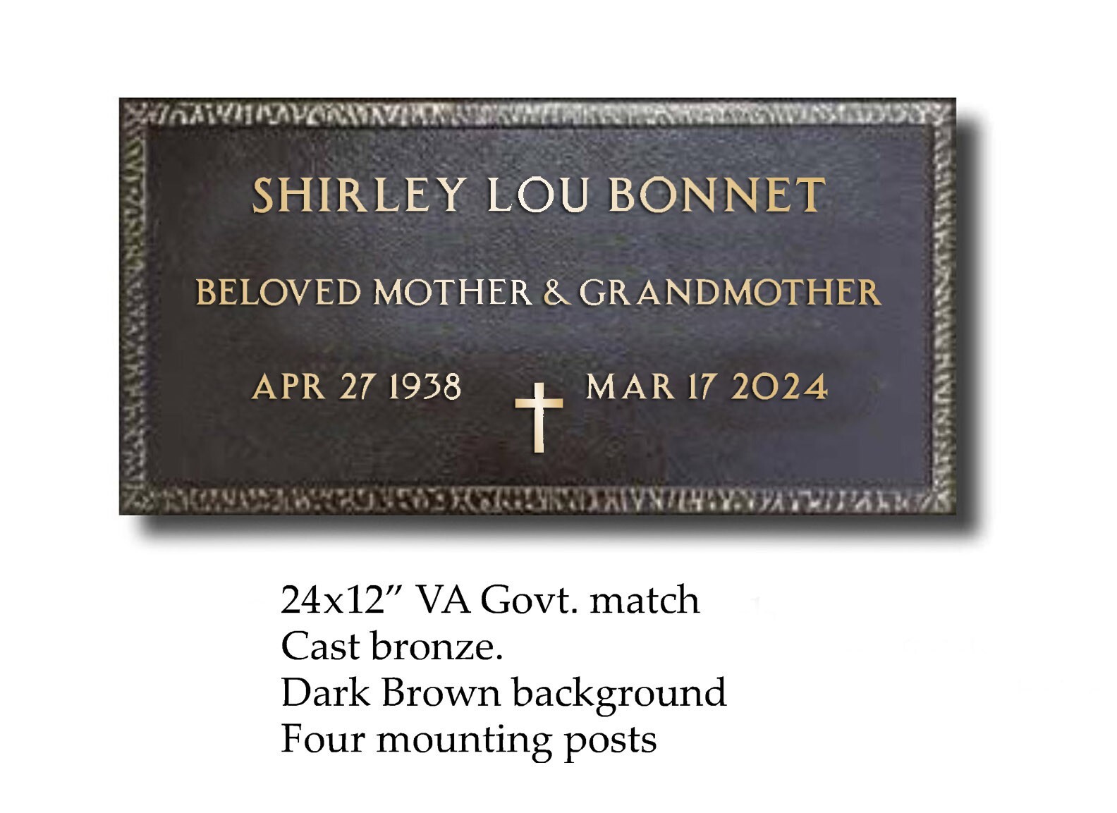 Bronze Veterans Grave Marker VA Government match 24x12" Custom for