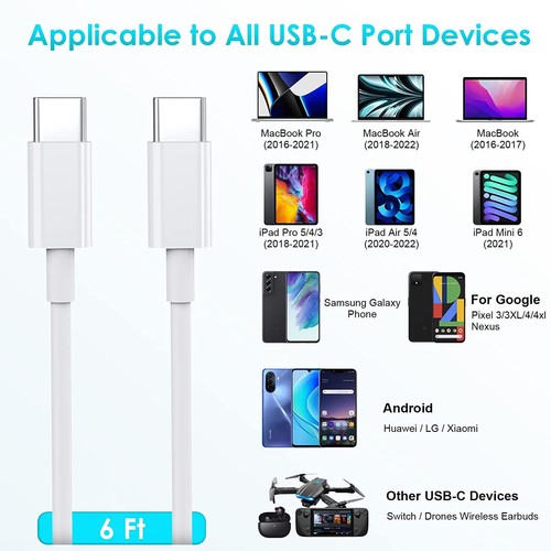 USB C To USB C Fast Charger Data Sync Dual 60W Cable For Apple Samsung Phone Tab