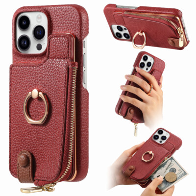 For iPhone 15 14 13 Pro Finger Ring Zipper Rugged Card Pocket Phone Back Case