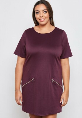 Evans Zip Detail Ponte Tunic Dress Plum Burgundy Size 18 UK