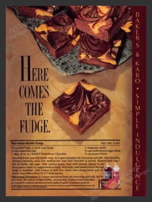 Baker's & Karo Syrup ''Marvelous Marble Fudge'' Recipe 1980s Print Ad 1989