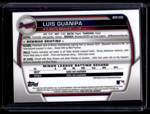 Bowman 2023 Chrome Saphir Quantité #bcp-200 Luis Guanipa - Photo 2 sur 2