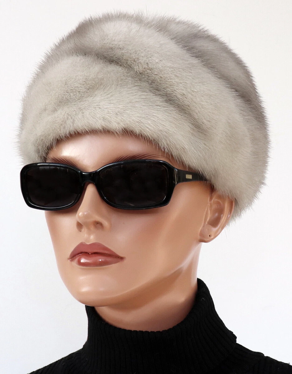 Nerz Hut Pelz Silber Fell Kappe Vintage Mode Mütze Schmuck Putz Damen Grau Mink