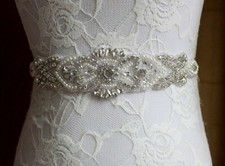 Crystal/pearl beaded bridal sash belt on white ribbon