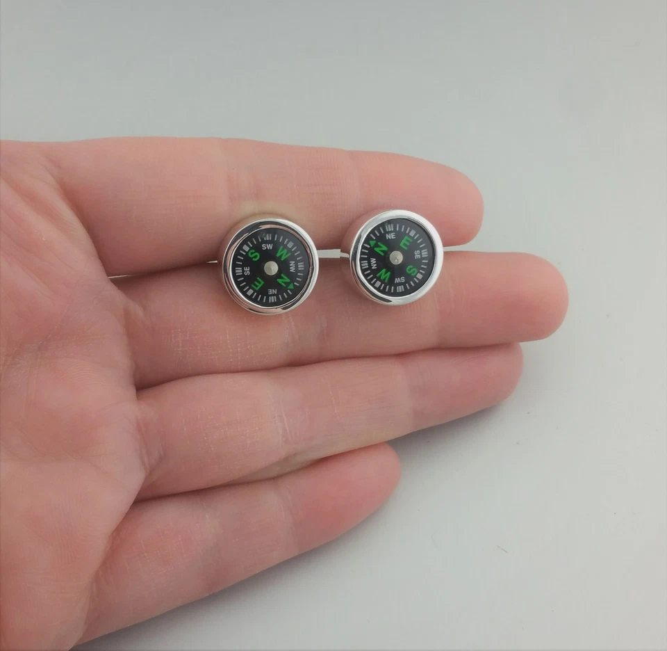 Gemelos brújula de trabajo - Gemelos elegantes únicos de plata de ley 925 para hombre Foto 3 de 3