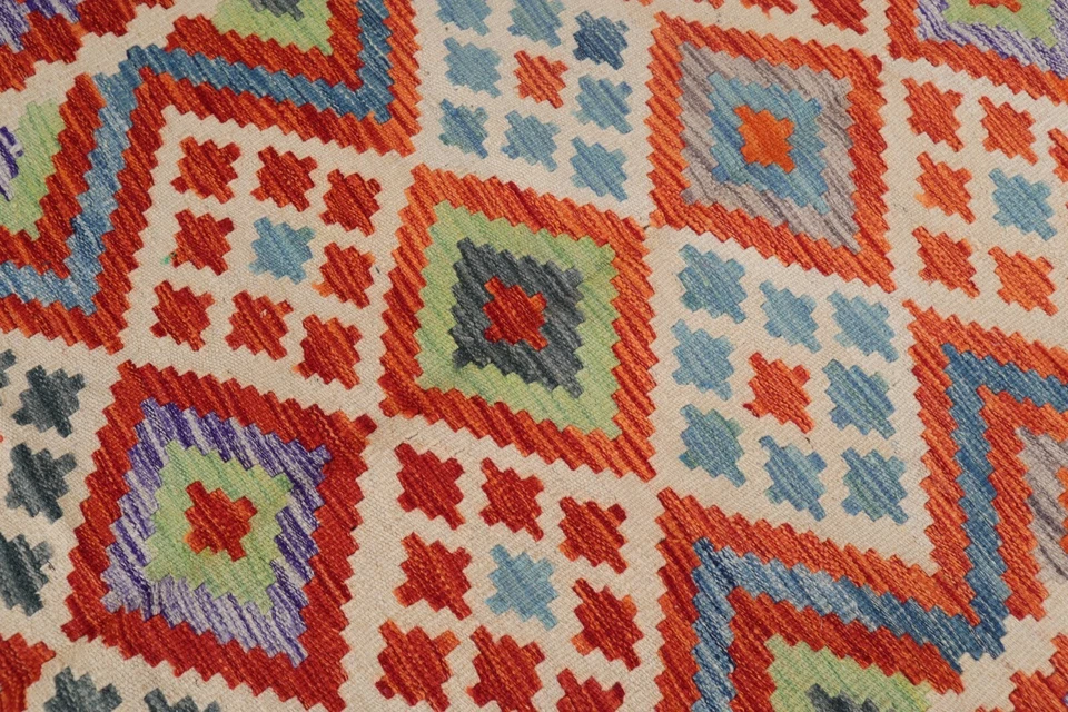 象牙色红色阿富汗地毯 5x7 平织地毯,红色天然素食染料手工编织部落地毯 — 第 2/4 张图片