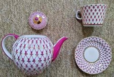 Lomonosov porcelaine service à thé grand: 'Rose-Grid-Blues' 