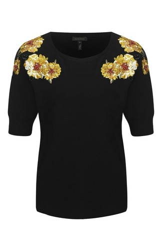 NWOT ESCADA Knit Short Sleeves Top Small Black Gold Embroidered Flowers Beaded - Picture 2 of 16