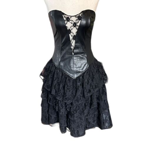 Abito corsetto pelle nera vintage anni '80 gonna tutù a strati con volant gotico XS/S - Foto 3 di 10