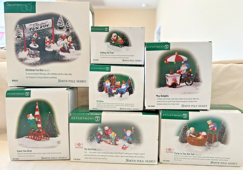 Lot of 7 Department 56 North Pole Series Elves Having Fun in the Snow