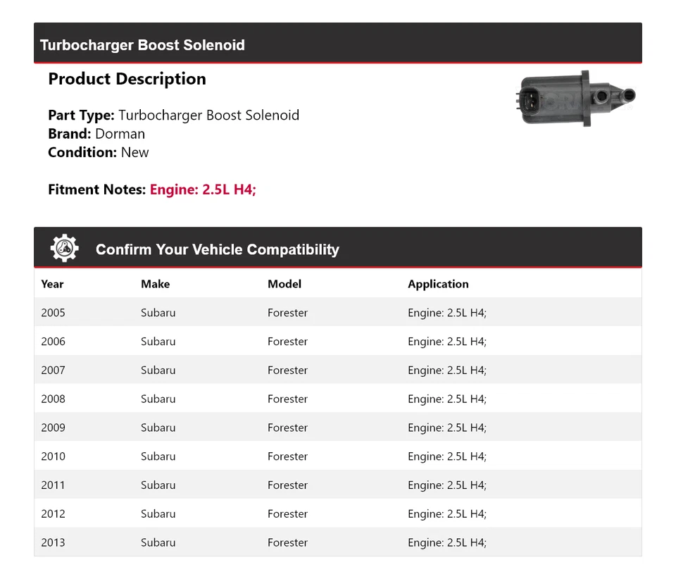 Соленоид усиления турбокомпрессора для Subaru Forester 2,5 л H4 Dorman 2005-2013 годов выпуска 2006 - Изображение 2 из 4