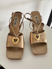 Authentic Moschino Metallic Gold Strappy Heeled Sandals with Heart Accent sz 40