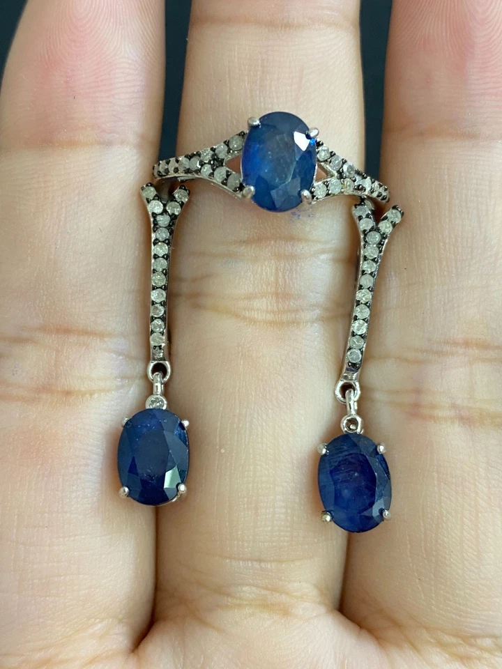 NATÜRLICHER SAPHIR 6X8 NATÜRLICHER DIAMANT STERLINGSILBER 925 RING OHRRING