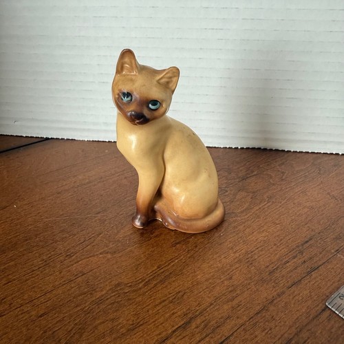 Vintage Ceramic Siamese Cat Figurine Blue Eyes Sitting Pose Collectible ...