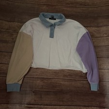 Women  s Forever 21 Color Block Crop Top Sweatshirt Medium Collared