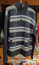 BEN SHERMAN Embroidered Lambswool Plaid Sweater Blue Zip Pockets Size Large EUC