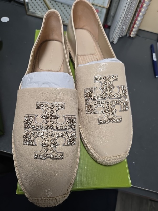 Tory Burch Embellished Espadrilles Size 10 New Cream Dulce De Leche 215 Leather