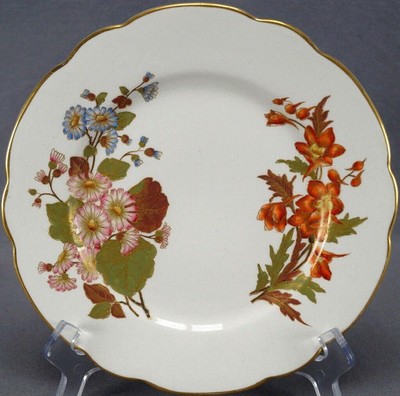 Royal Worcester Hand Colored Pink Blue & Orange Floral 8 5/8 Inch Plate C. 1889