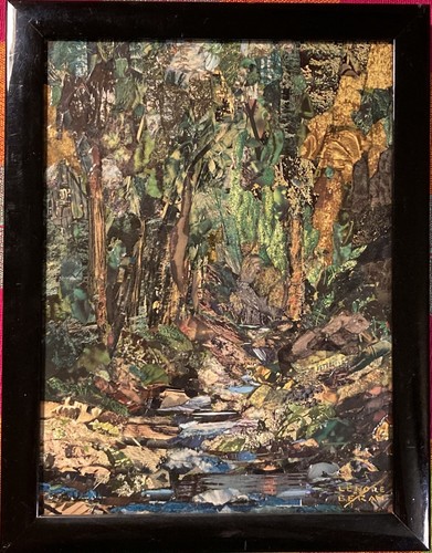 LENORE BERAN ‘81 Rocky Forest Stream w/Trees Original Art Collage Framed 13.5”h