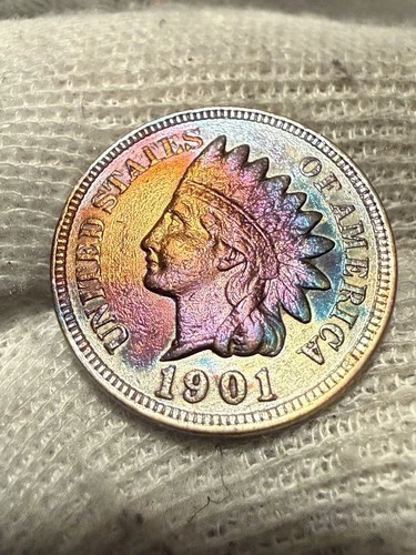 1901 Indian Head Cent Penny, Lustrous Choice High Grade Toned Toned Nice Color