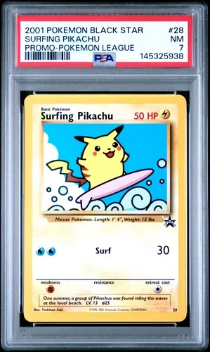 2001 POKEMON PROMO BLACK STAR POKEMON LEAGUE #28 SURFING PIKACHU PSA 7