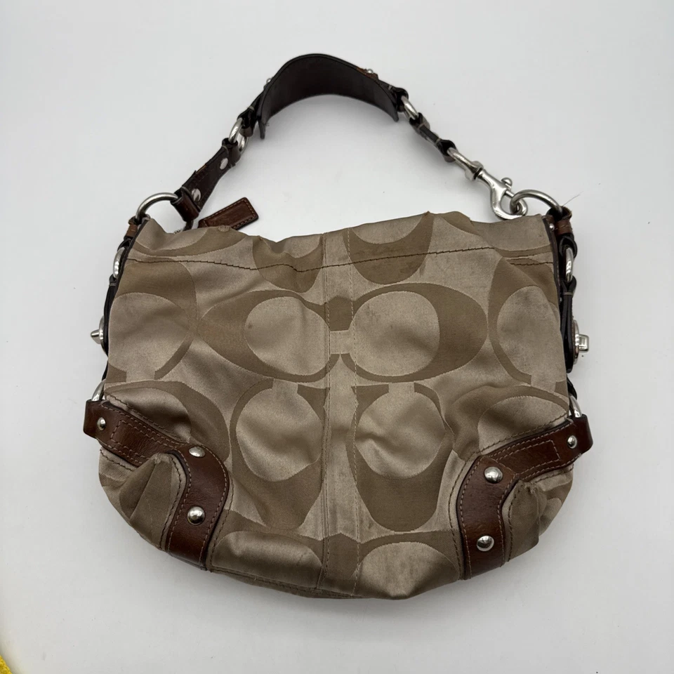 Y2K vintage Coach Carly Signature Khaki Canvas & Brown Leather Shoulder Bag - Image 2 of 4