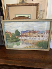 Framed antique- european city on river print very charming