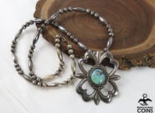 Southwestern Silver Turquoise Floral Pendant Beaded Boho Necklace