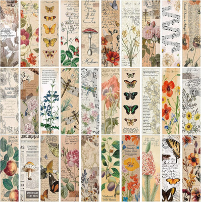 30 Stück Vintage Papier Lesezeichen, Doppelseitiges Design Blumen Schmetterling