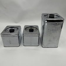 VTG Mid Century Modern Metal Beauty Ware 3 Piece Canister Set Coffee, Tea Flour