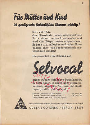 BERLIN-BRITZ, Werbung 1942, Curta & Co. GmbH Selvoral Kalk-Präparat