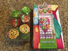 New Shopkins Shower Curtain/Rings Kids/Childrens Bathroom Set Cookie Apple