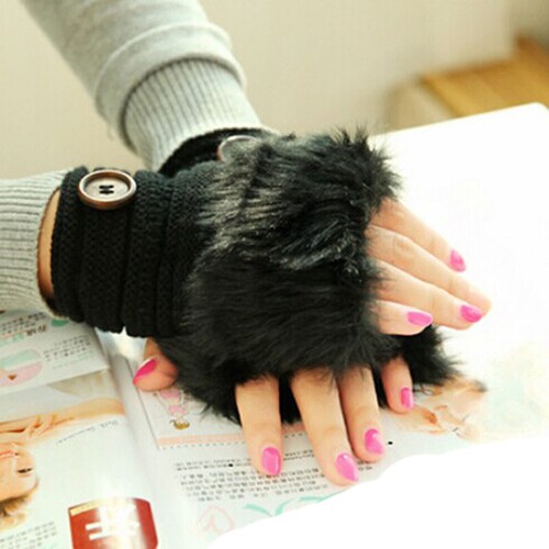 Gloves Fingerless Knitted Wrist Faux Rabbit Fur Winter Warm Women Ladies Mittens - Bild 13 von 13