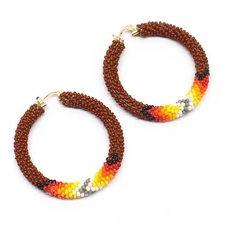 Handmade beaded 2 inch Brown Native style Hoop earrings