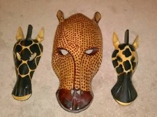 (3) Wooden Giraffe Heads Wall Hanging Decor * Hand Carved in Kenya