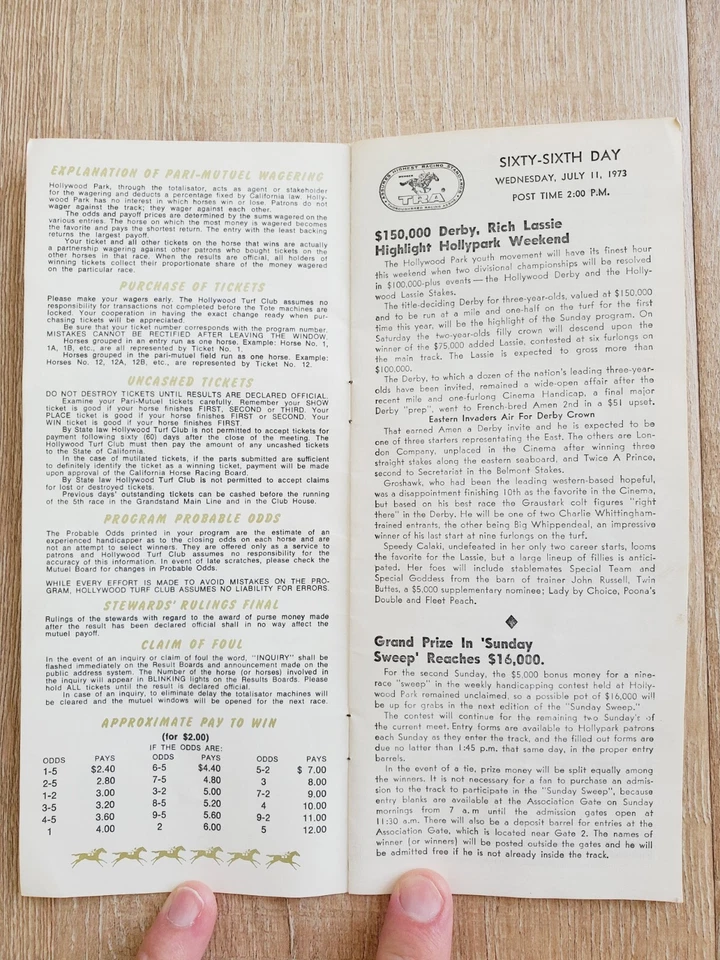 HOLLYWOOD PARK 1973 Carrera de Caballos Programa Oficial 7/11/73 Zapatero Pincay Foto 3 de 4