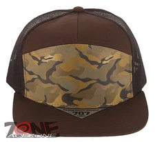 7 PANEL FLAT BILL SNAPBACK TRUCKER BASEBALL CAP HAT BROWN CAMOUFLAGE KHAKI