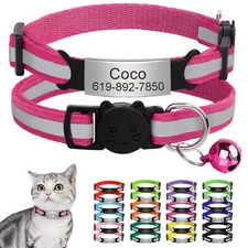Reflective Breakaway Safety Cat Collar & Custom Name ID Tag No Noise & Bells