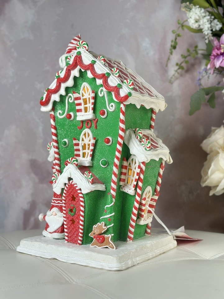 18" Christmas Light Up Gingerbread House JOY Peppermint W/Candy, Gnome
