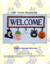October/Halloween Welcome Sign-Cat-Monster-Pumpkin-Plastic Canvas Pattern or Kit
