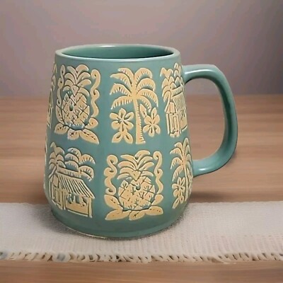 OPAL HOUSE STONEWARE LARGE BLUE & TAN TROPICAL ISLAND DESIGN 24 Oz COFFEE MUG