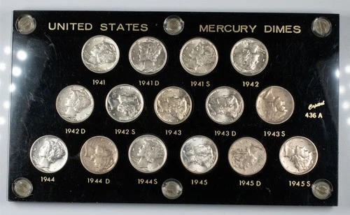 1941-1945-S Mercury Silver Dimes Mostly AU/UNC In Holder Lot of 15 10c
