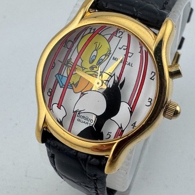 VTG Armitron Quartz Musical Watch Tweety Bird Women Gold Tone Leather New Batter