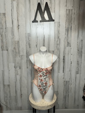 Floral Mesh Lace Up Bodysuit Pink Sheer Embroidered Teddy Lingerie Size M