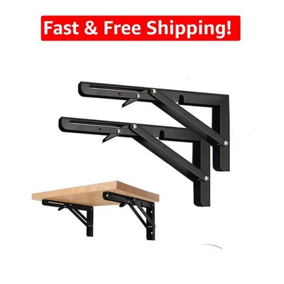 Versatile Black Shelf Brackets - Space Saving, Foldable, 12 Inch, 2-Piece Set