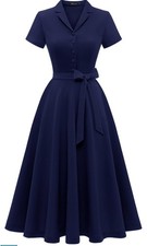 Wedtrend Women's Vintage Tea Dress, Short Sleeve Retro Midi 50s Dress, Navy Blue