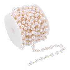 5m/16 Feet Faux Pearl Beading Chain, 6mm Brass Chain Link Style 1, Dark Gold