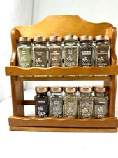 Vtg Wood Spice Rack Crystal Food 2 Tier 11 Glass Jars Drawers Stand Wall Mount