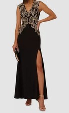 Adrianna Papell Women's Black Beaded V-Neck Slit-Front Gown Dress Size: 8